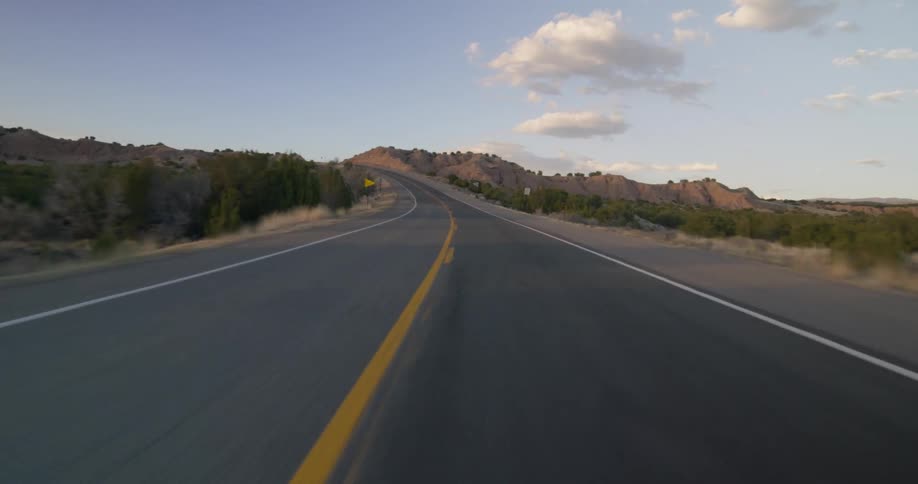 Moving point of view on a paved road surrounded by undergrowth