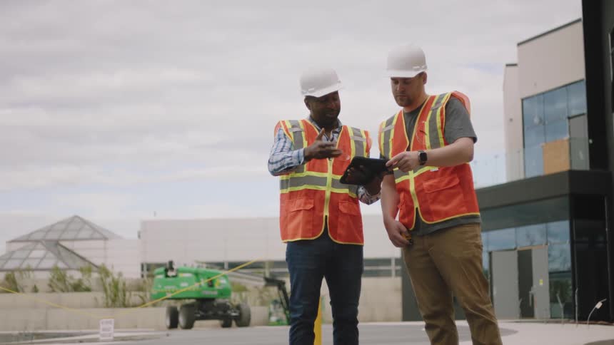 Two workers in highvisibility vests and hard hats stand in front of a building under construction holding a tablet