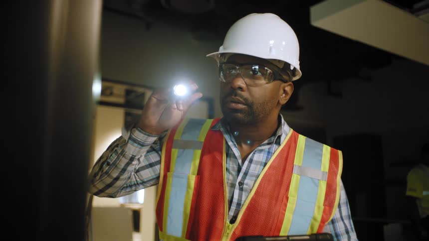 Man in helmet holding small flashlight inspecting a factory