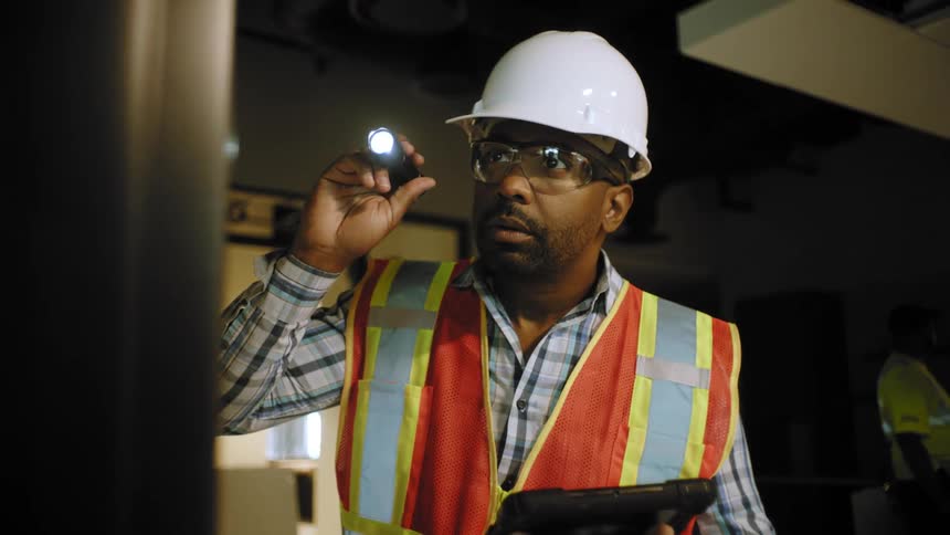 Man with a flashlight protective helmet and a tablet inspecting a factory