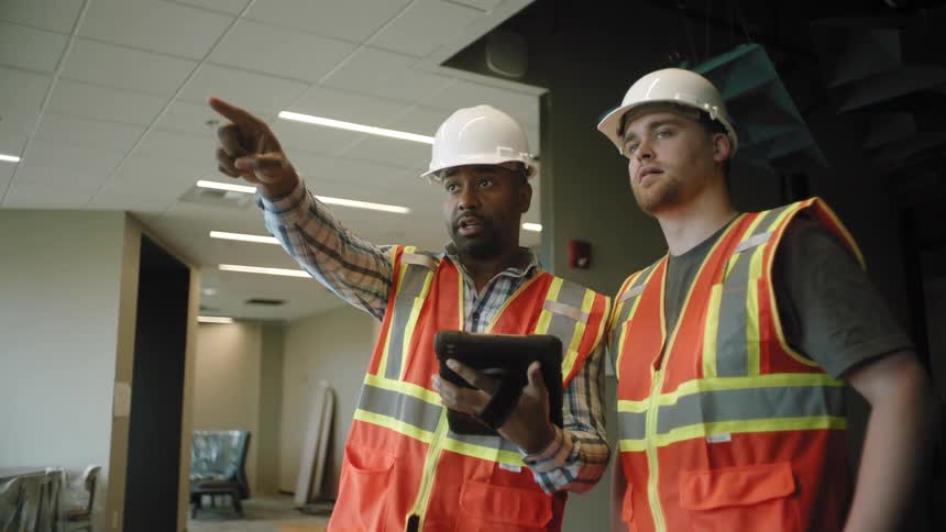 Two men interacting with a tablet while working on a construction site