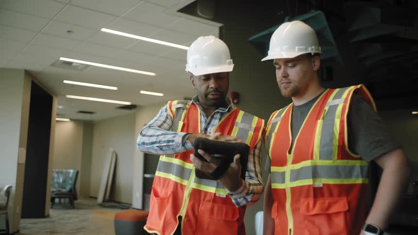 Two working men talking and interacting with a tablet
