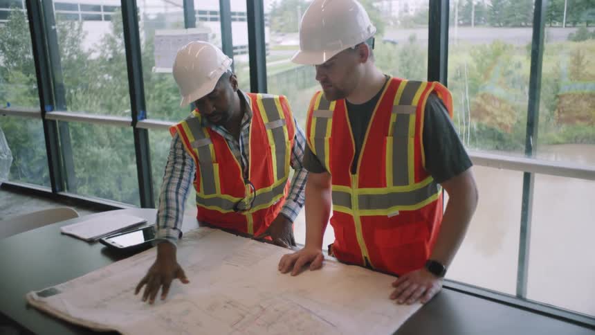 Two construction managers compare a building with its blueprint