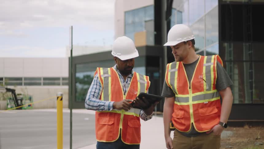 Two men debating and interacting with the tablet