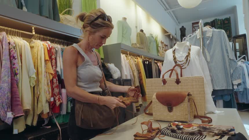 Blonde woman looking at a leather shoe in a clothing store
