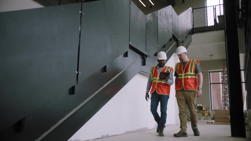 Two construction workers wearing safety helmets and high visibility vests walk through a building