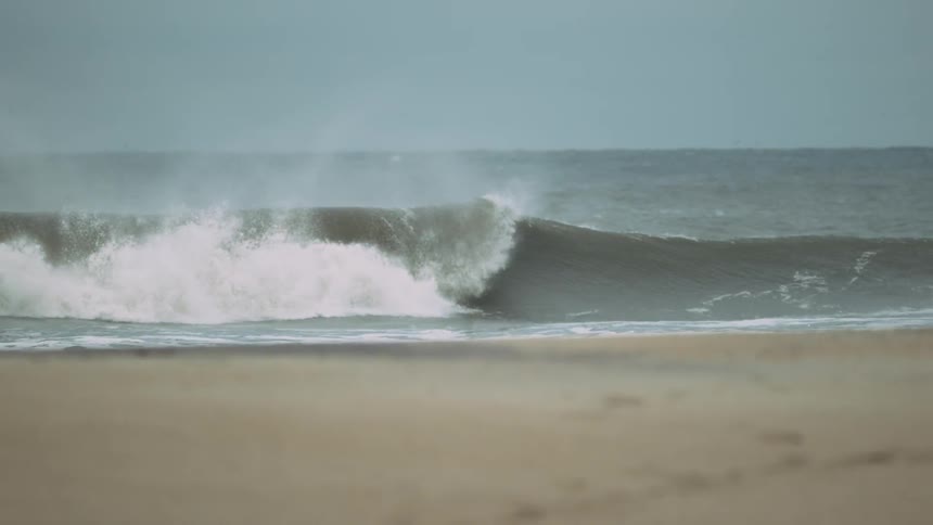 A large wave crashing at the ocean shore with a bird flying over