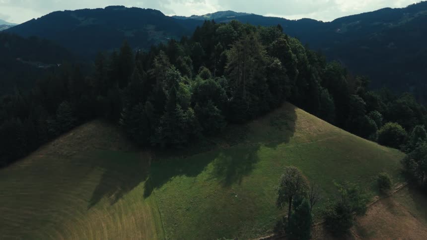 Aerial panorama of a green mountain with forest