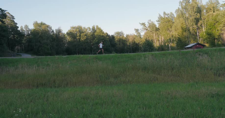 An adult runs on a rural road on a summer day