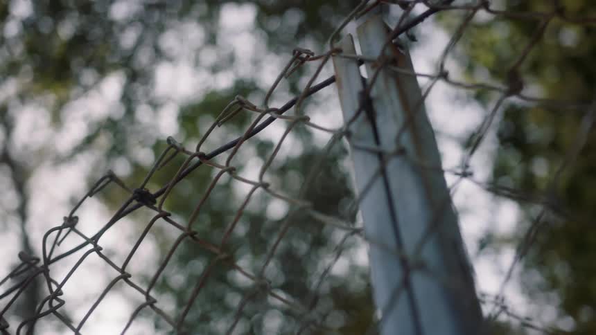 A closeup view of a section of chainlink fencing with a blurred background of trees and sky