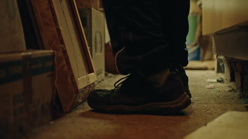 The legs of a person who is walking in an environment with a lot of junk around and then leaves