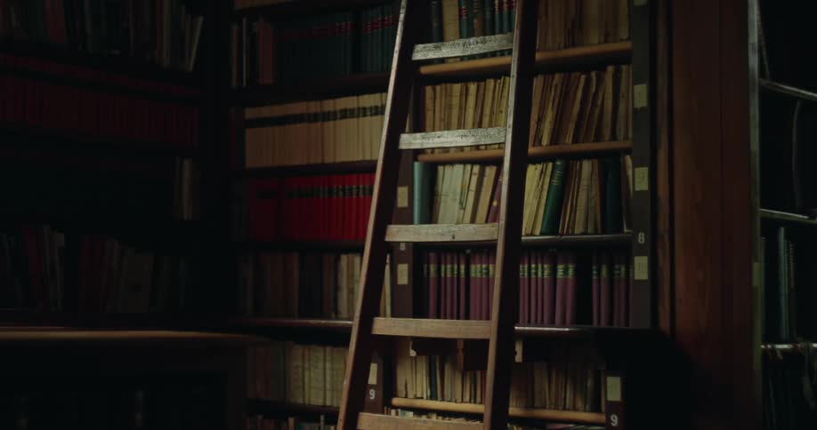 A wooden ladder rests against a bookshelf with numerous old books on it