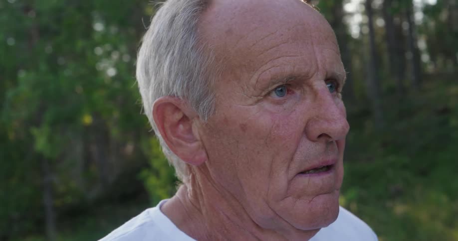 Closeup of an elderly man standing in a forest on a summer day