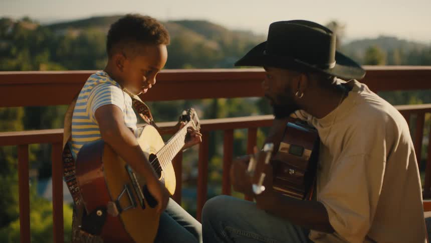 Man with hat playing guitar together with a boy
