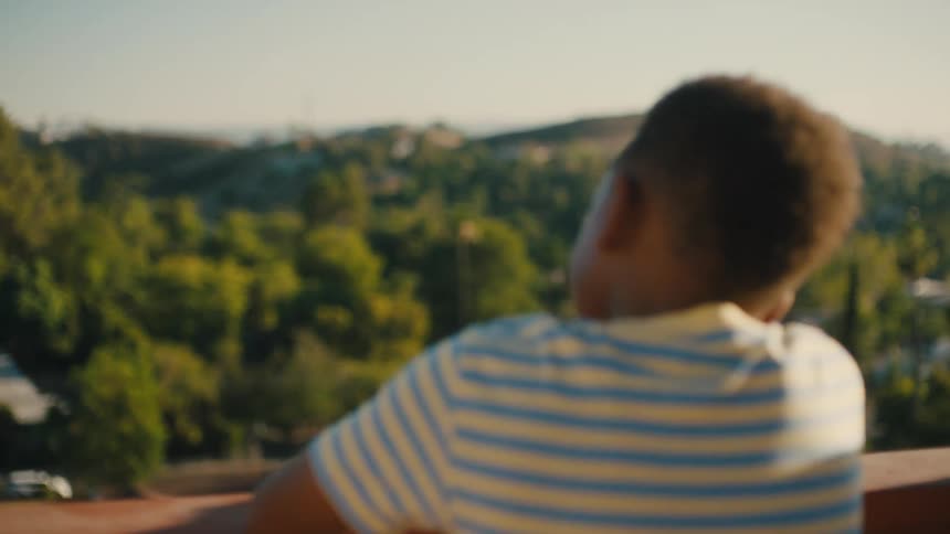 Father and son looking at green hills from a balcony on a sunny day