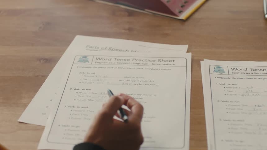 Two peoples hands with pens pointing at paperwork on the table in front of them