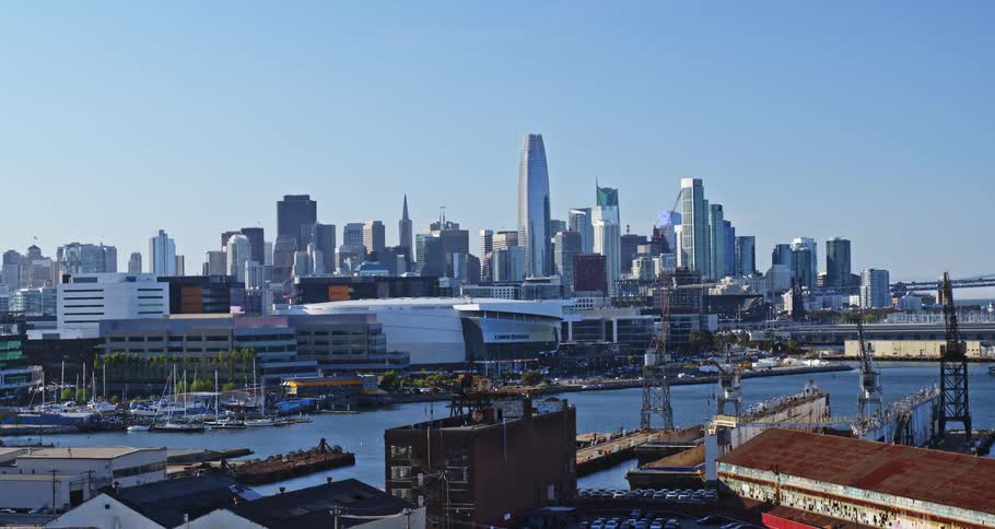 Harbor separates the marina and city downtown from the loading docks