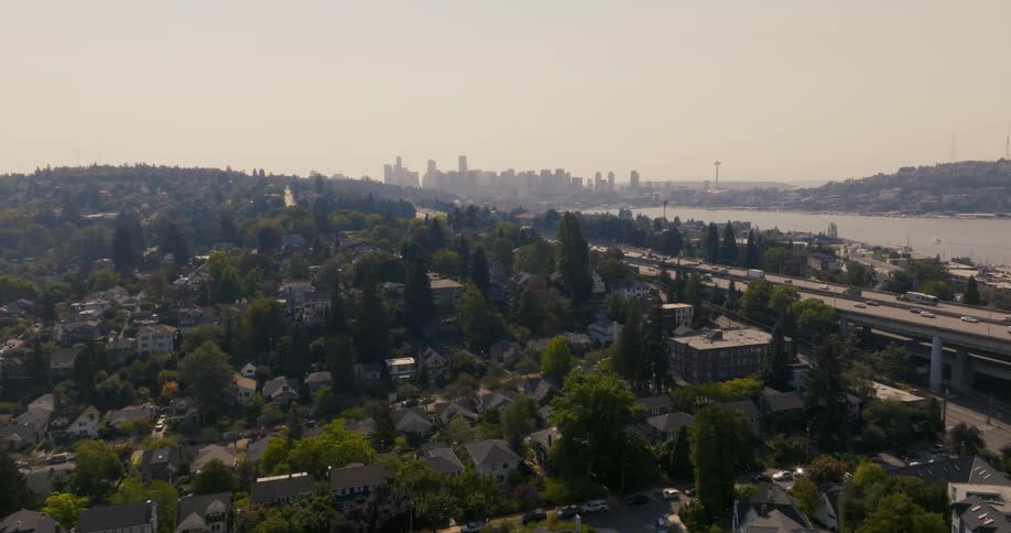 Hazy and smokey skies hang over the Portage Bay neighborhood with the skyline in the distance