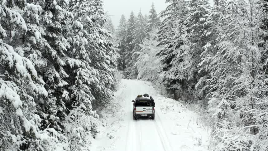 A vehicle with luggage on top driving through a snow covered road flanked by dense pine trees