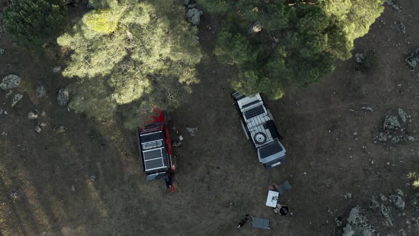 Two vehicles two people and a dog in a clearing near trees
