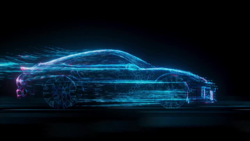 Car moving quickly against a black background and electric energy blue rays coming out of it