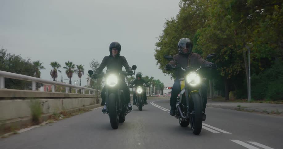Three motorcyclists riding on a road lined with palm trees