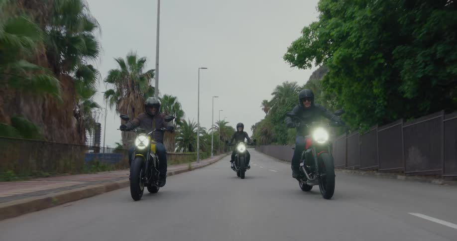 Three motorcyclists drive down a road next to a forest