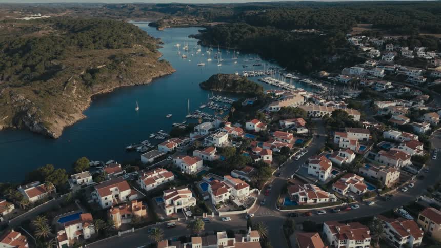 An aerial clip of a city beside a lake