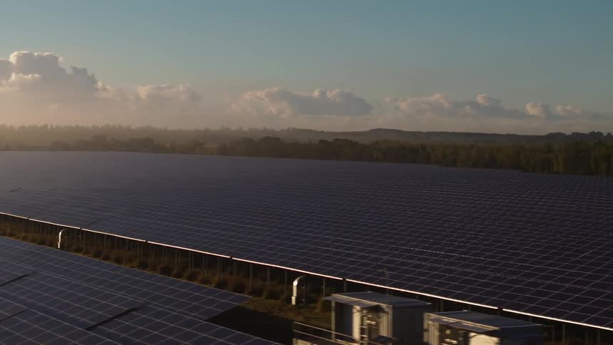 Solar panels fill the field next to the foggy woods on a slightly cloudy day