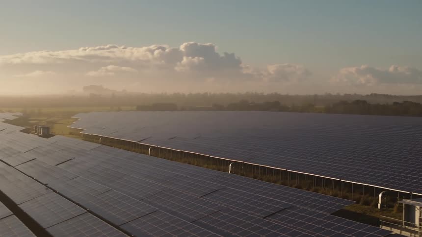 A large solar panel farm on a clear day with white clouds in the sky