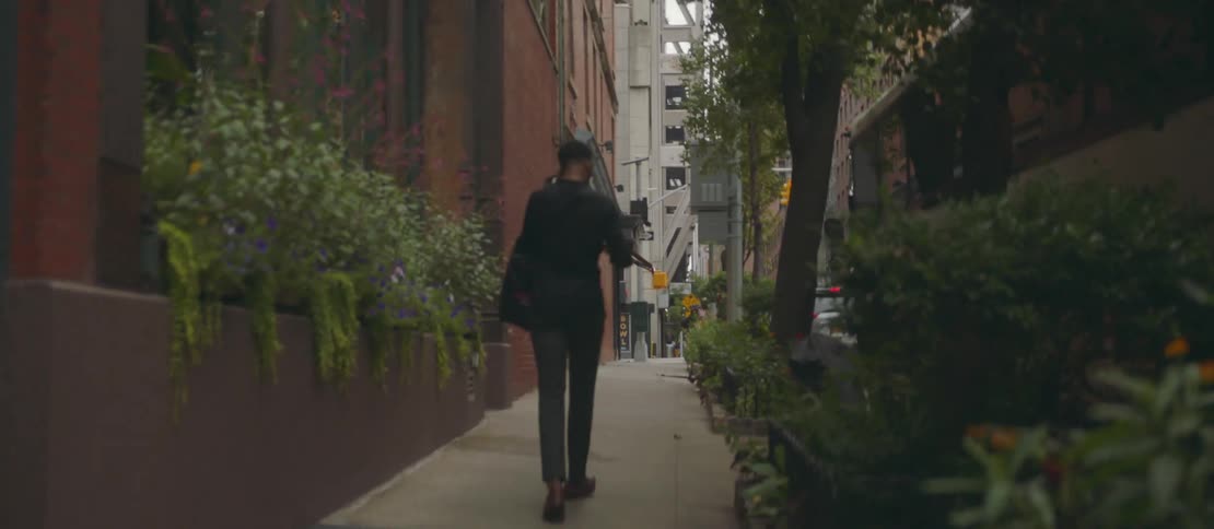 Person walking away down a narrow urban alley lined with buildings and plants