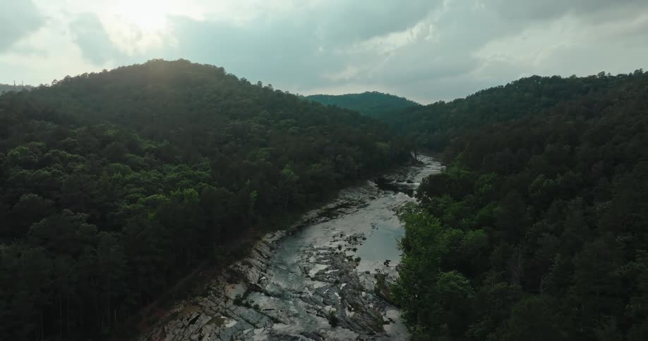 A river that is partially dry with many stones and on the sides there are large forests of trees