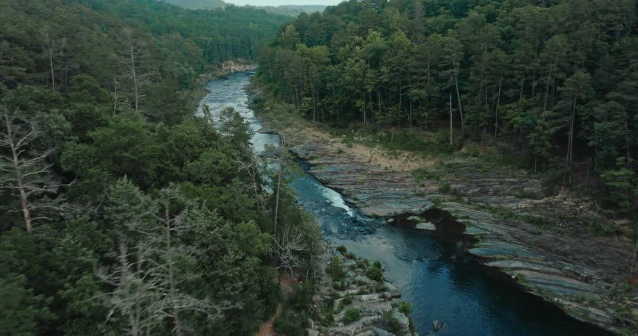 An aerial view shows a twisting river flowing through a dense forest