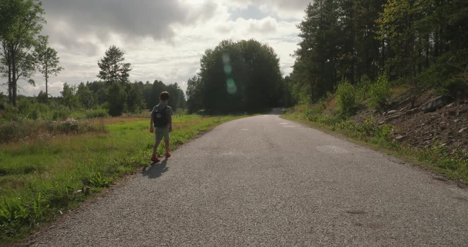 Alone boy walking on a paved road surrounded by vegetation