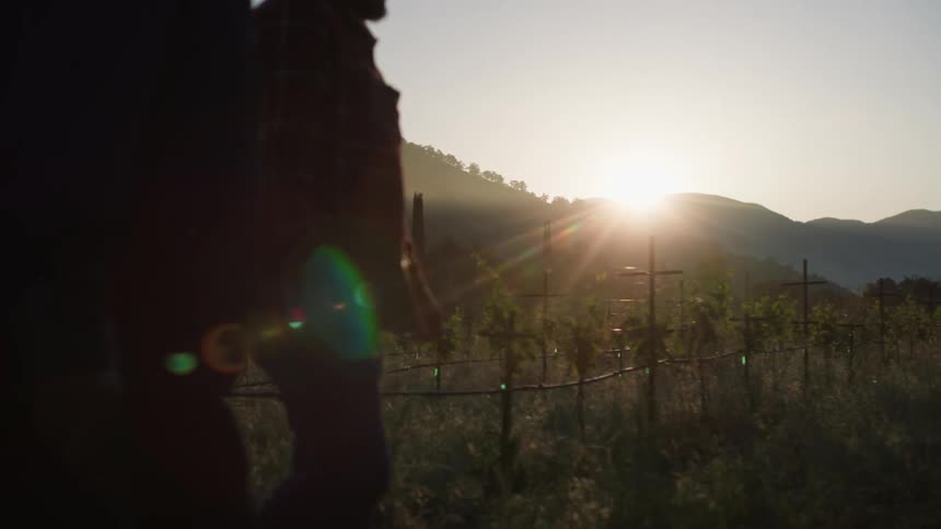 Silhouette of two people walking in an agricultural setting with the sun on the horizon behind mountains