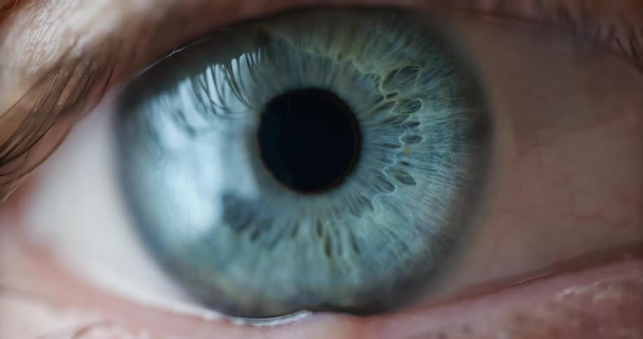 Extreme close up of a persons light blue eye