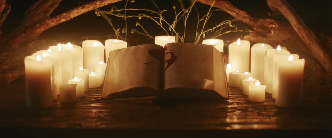 Book on a dark altar with candles and blood