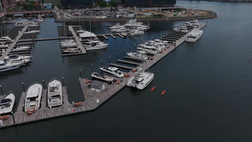 Aerial view of yachts attacked at piers