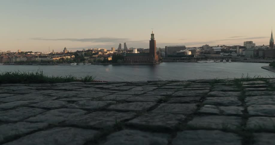 Panorama of an urban city on the edge of a sea canal in a morning