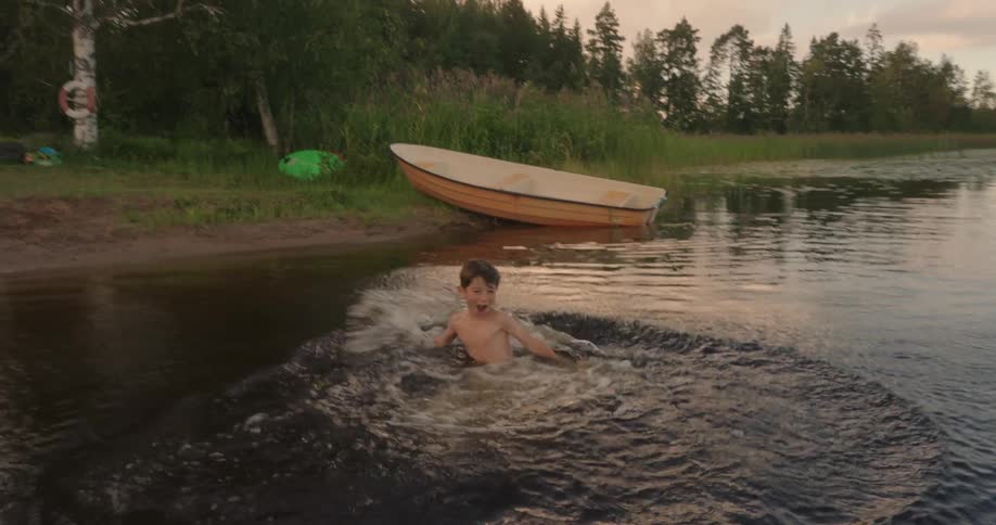 Boy throwing himself into the lake