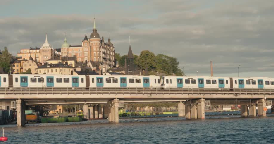 Train passing on a suspension bridge above the sea with a castle in the background