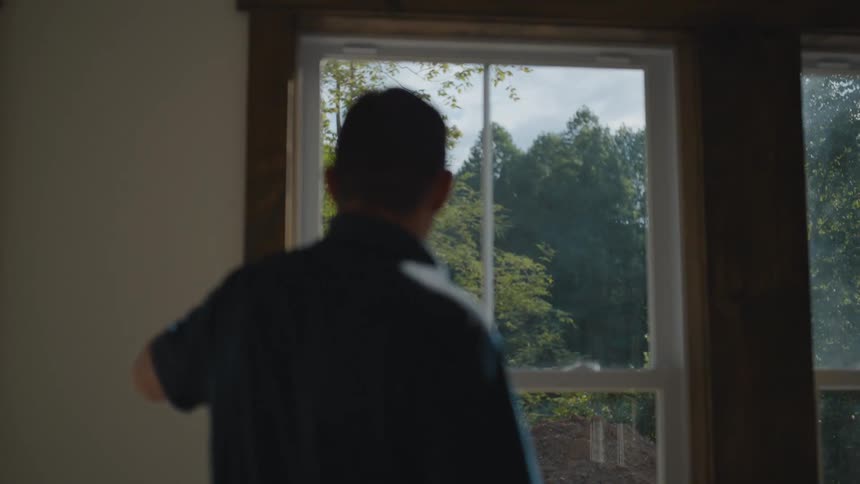 A man looks out of his window at the forest