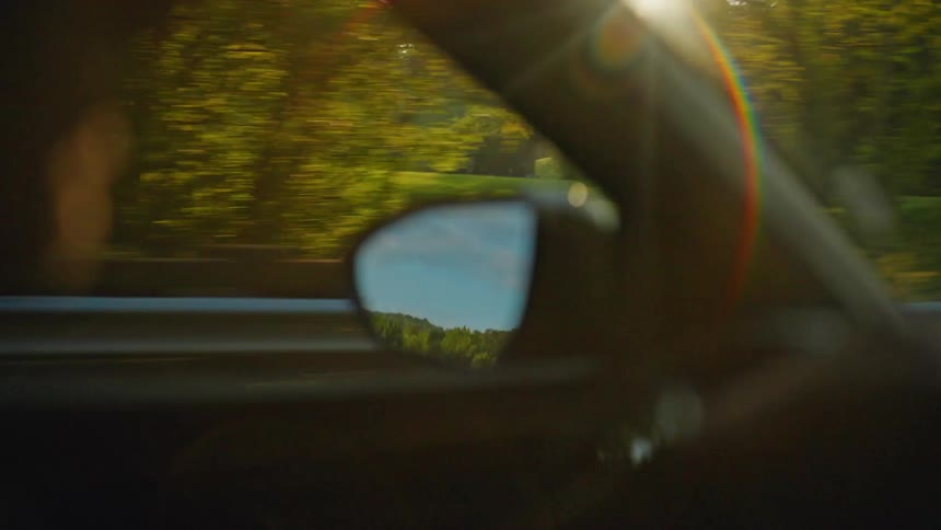 Driving past trees clearings and grass fields