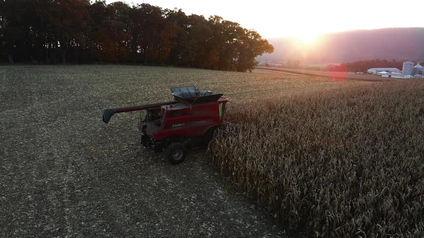Sun shines from the top of a nearby hill onto an agricultural machine harvesting crops on a farm