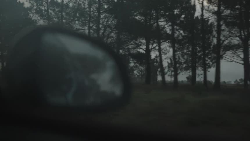 A car drives by a windmill