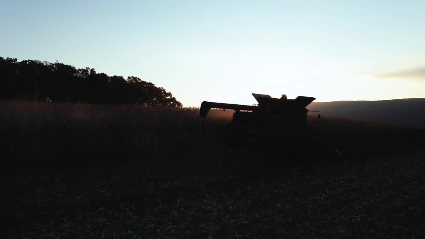 Silhouette of a combine harvester working on a field at morning