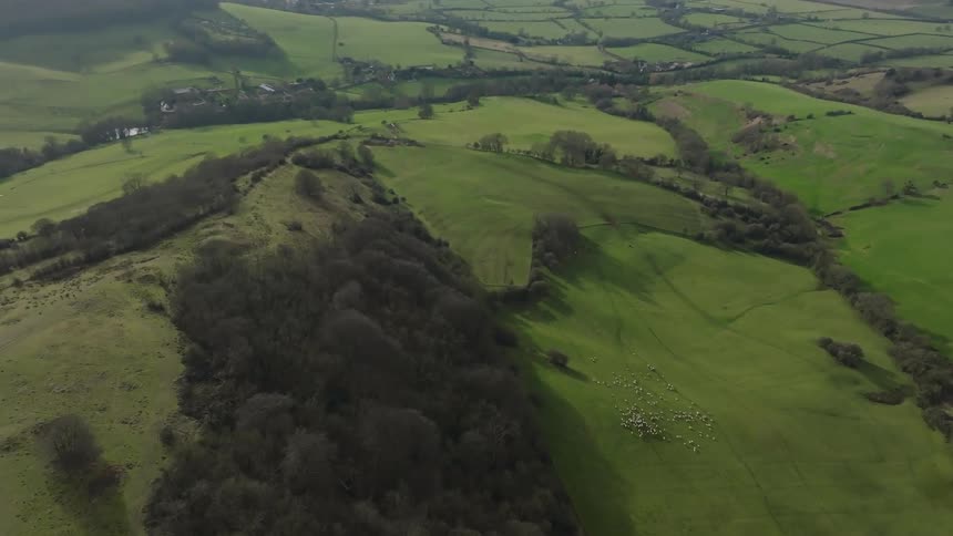 Aerial panorama of hills and fields with pastures and scattered trees