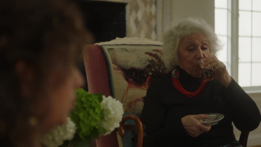 Two elderly ladies sitting with one of them having a cup of tea