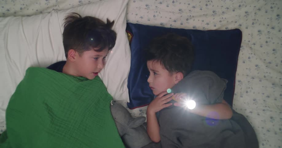 Two boys lying in bed with one of them playing with a flashlight
