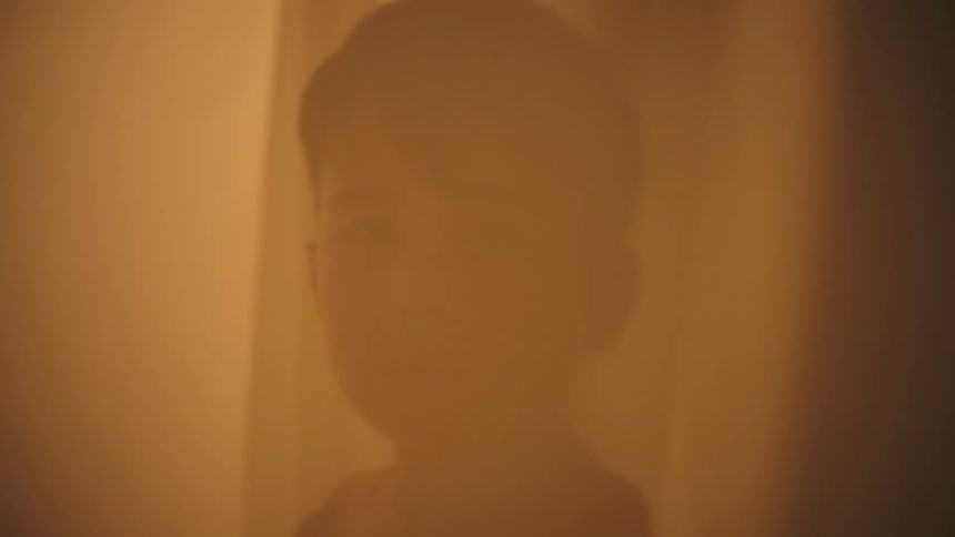 Portrait of a little boy between curtains